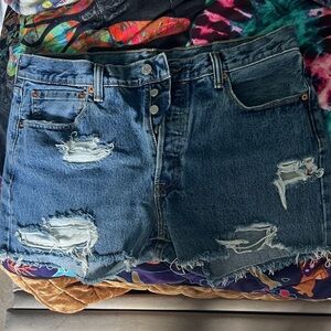 Levi's Blue Distressed Jean Shorts 501 button fly